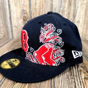 Boston Red Sox New Era 59Fifty Navy Logo Scroll Fitted Adult Hat 7 1/4 Rare